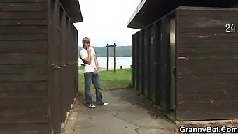 Old Man Has Sex With A Blonde Elderly Woman In A Public Restroom